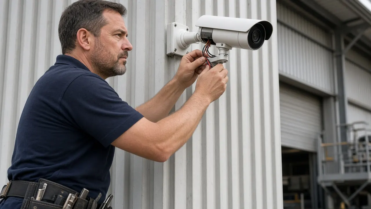 Owen Security technician installing a business security camera in Cartersville, GA