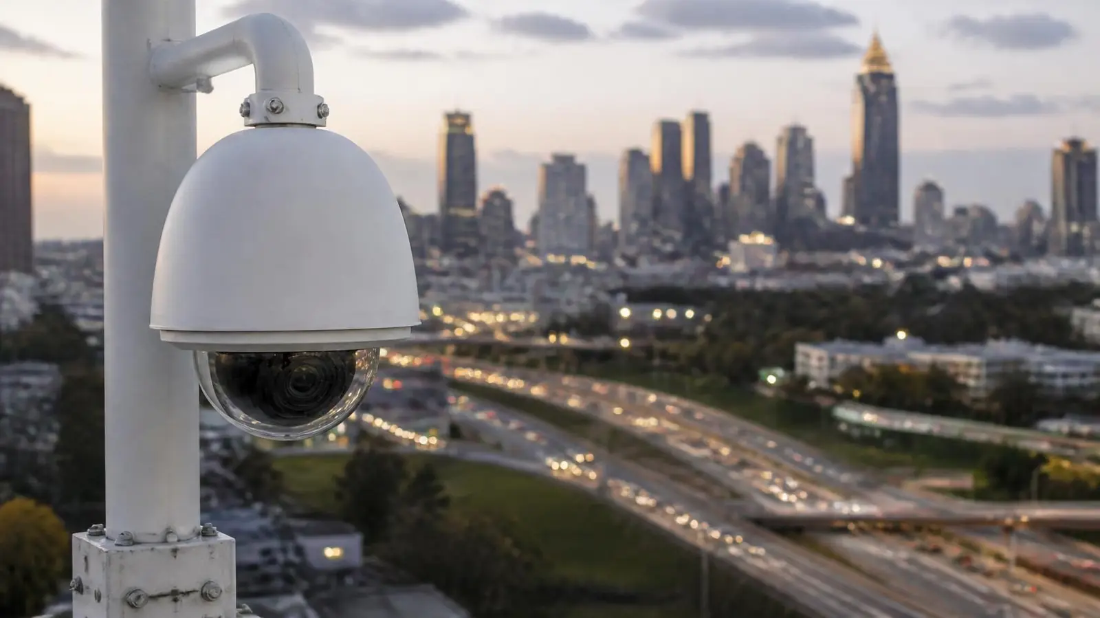 Commercial security camera on an office building overlooking a highway and city skyline