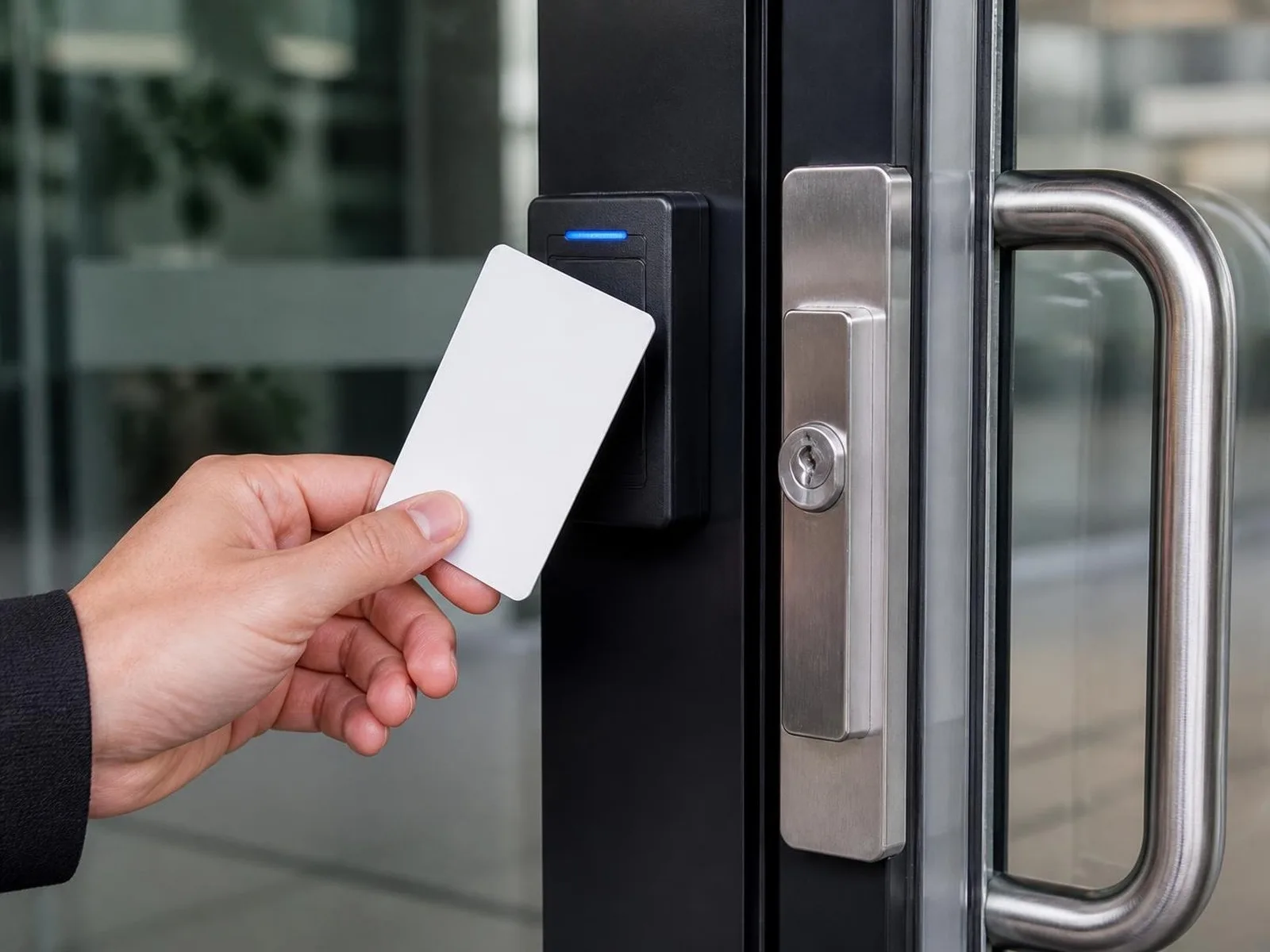Employee badge presented to a card reader at a commercial door