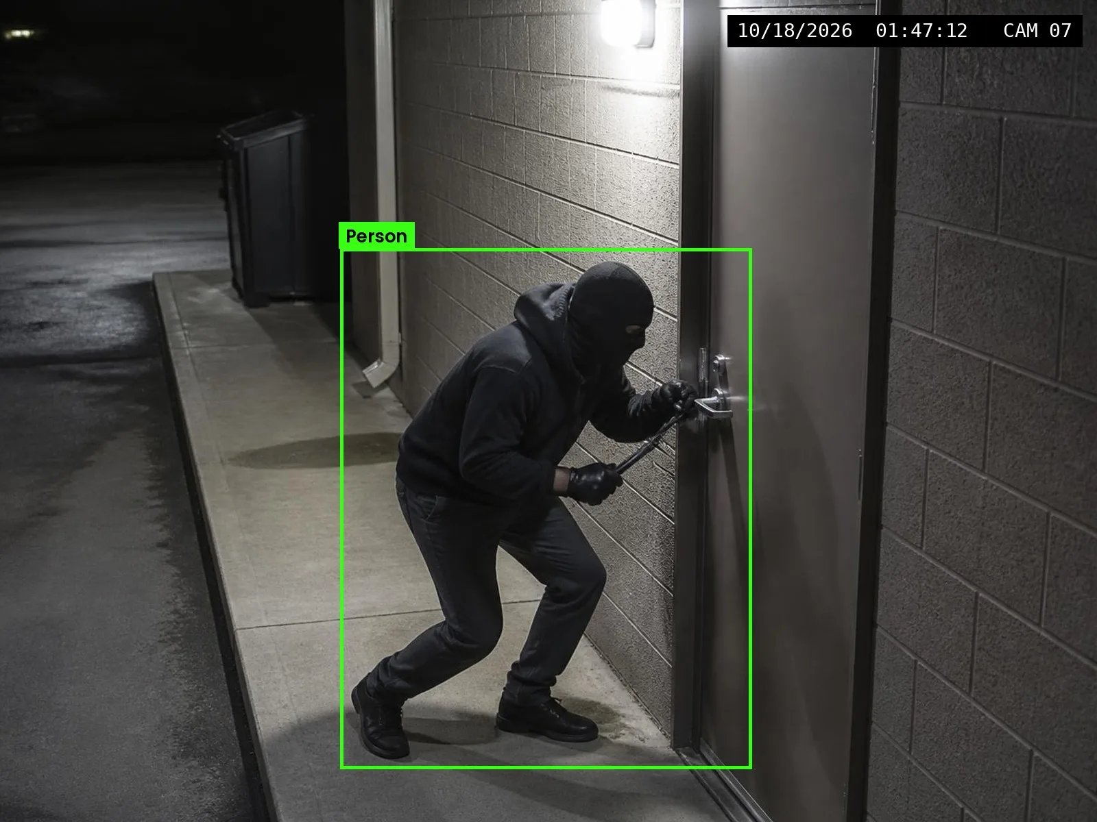 Representative Owen Smart Video view of a masked person at a side door (not the actual incident footage)