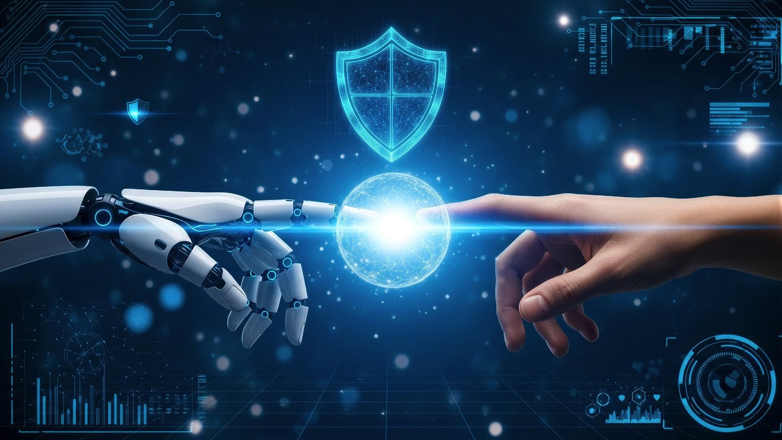 A robotic hand and a human hand reaching toward a glowing shield