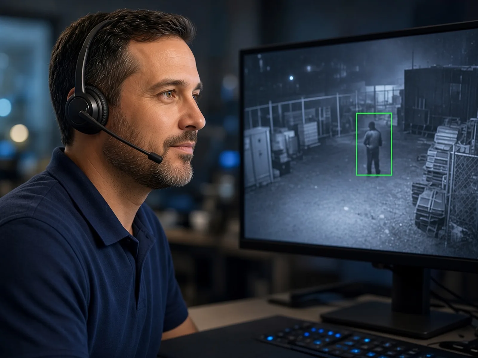 Owen live intervention specialist in a headset speaking into a microphone while a night camera feed shows a trespasser in a green tracking box